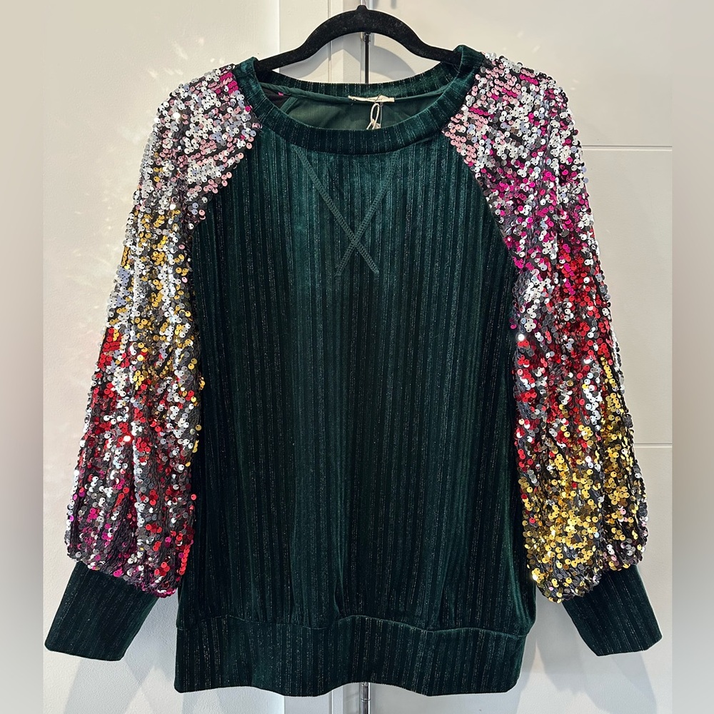 Sequin Sleeve Velvet Sweater - Green